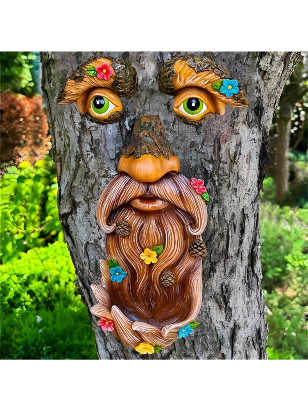Tree Face Decor - Outdoor Bird Feeder - Old Man Face Decoration with Flowers